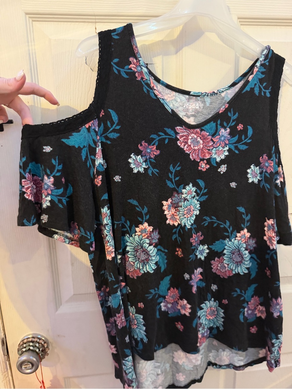 Mudd Black Cold-Shoulder Top with Teal & Pink Floral Print